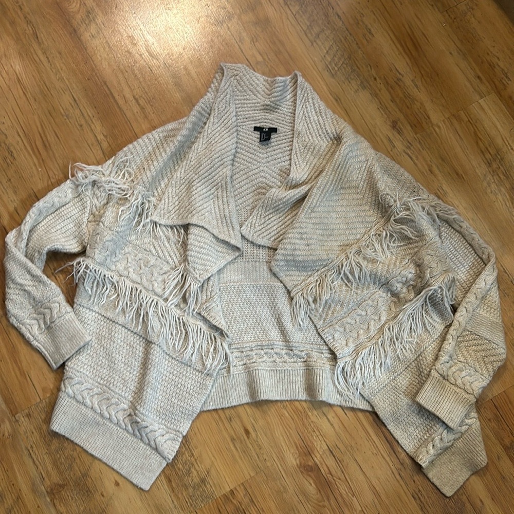 H&M Beige Textured Sweater Shrug with Fringe